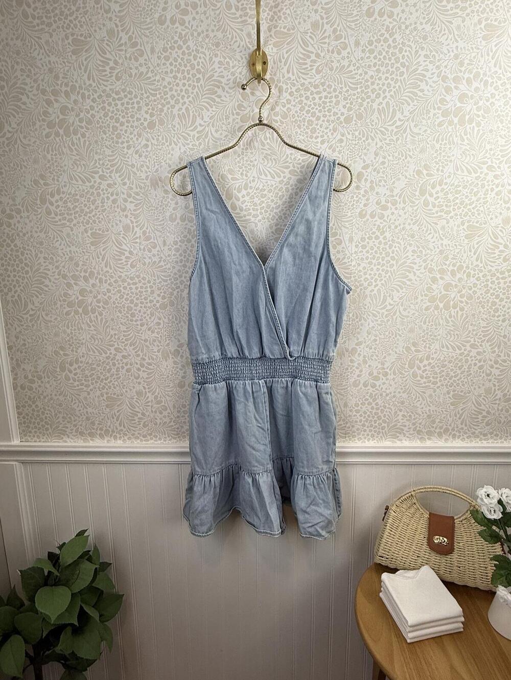 American Eagle Denim Blue 2.5" Sleeveless Smocked Waist Romper - Size - XL